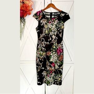 SOLD - Black Floral Stretchy Fitted Midi Dress Size Medium